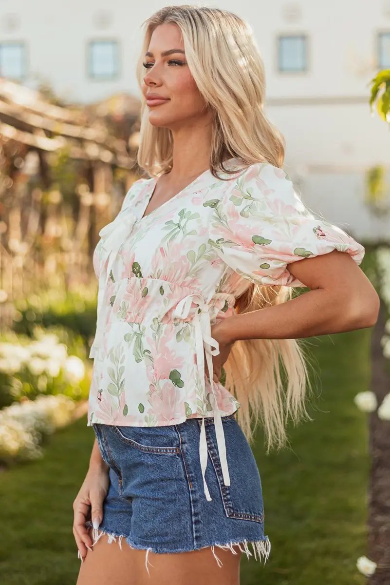 Pink Floral Puff Sleeve V Neck Tied Front Peplum Blouse - Love Salve